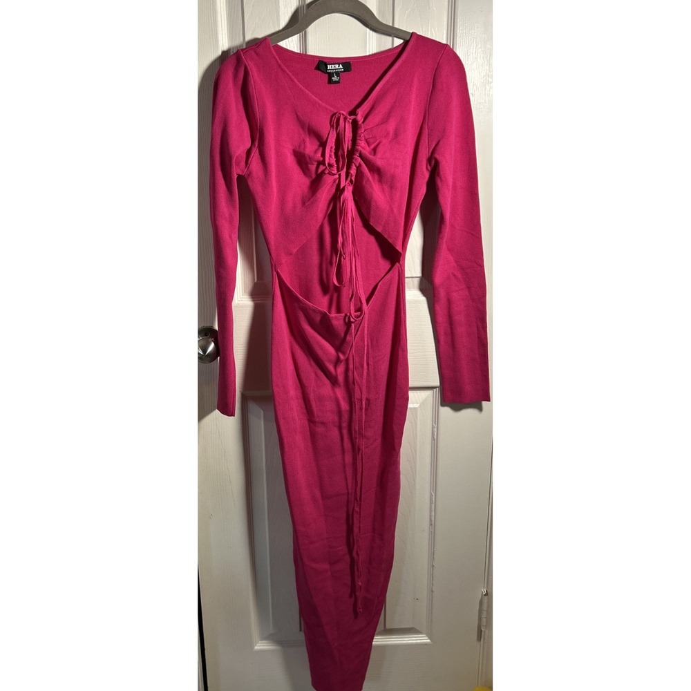 Hera Collection Womens Bodycon Midi Sweater‎ Knit Dress Stretch Sz L Pink